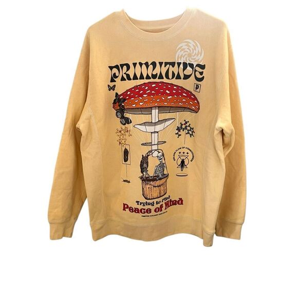Primitive Skateboarding M Crewneck mushroom skeleton Elevator Washed tan peace - Picture 1 of 5
